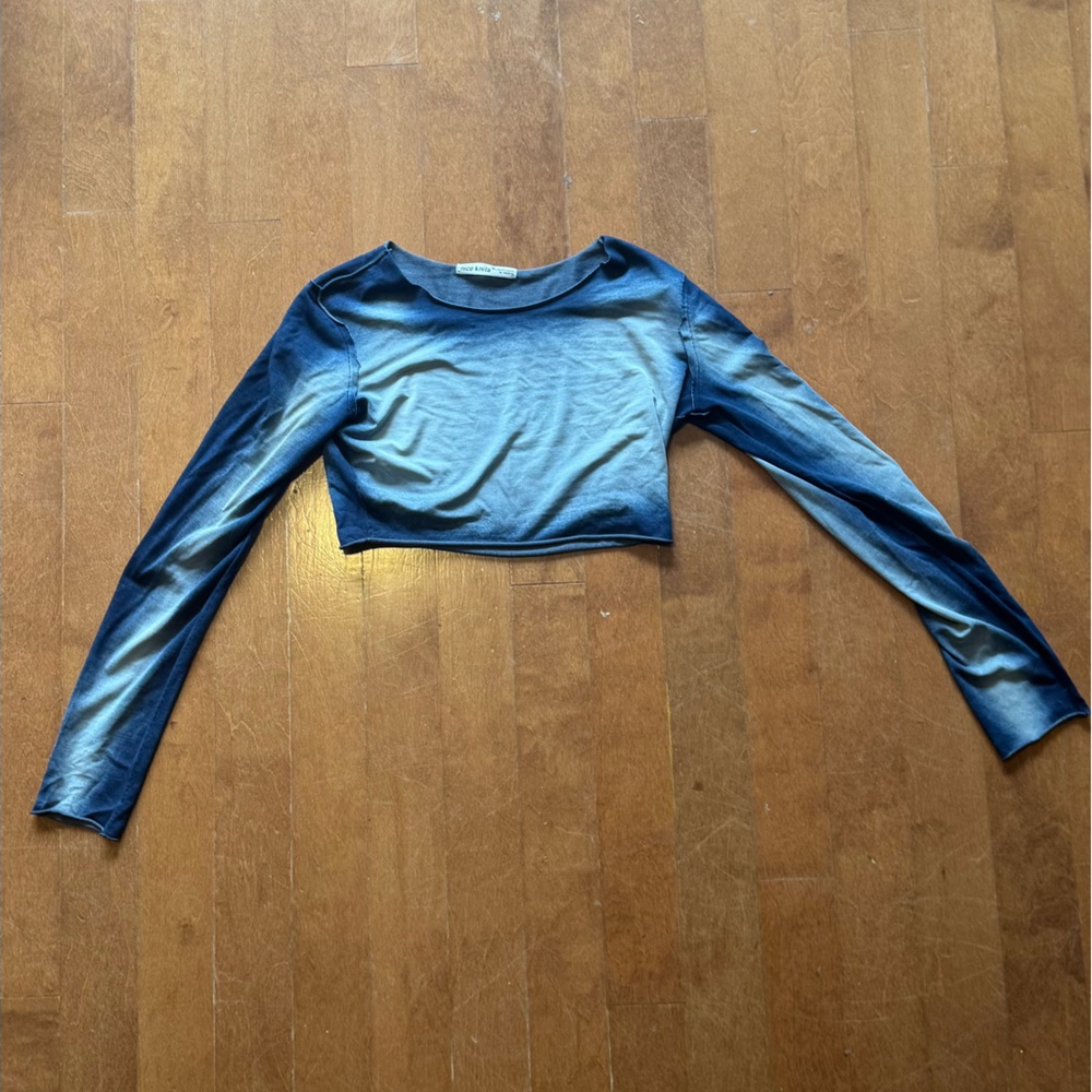 Blue Fitted Long Sleeve Crop Top